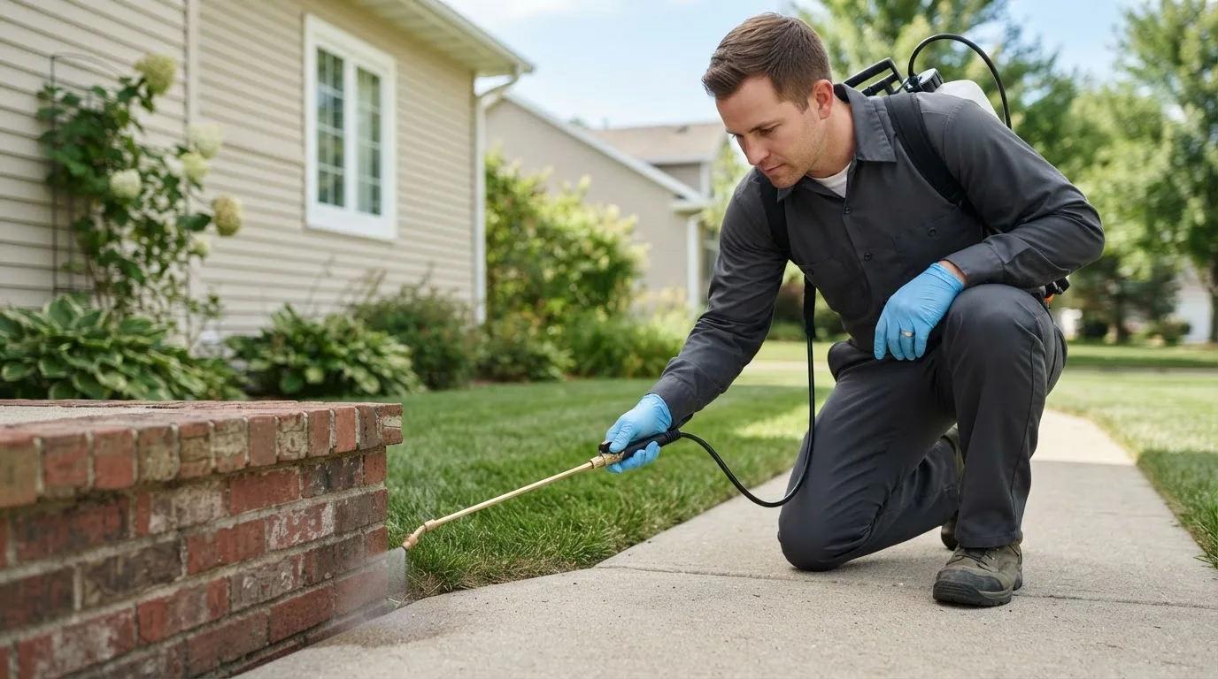 Pest control technician treating a home near The Colony, TX